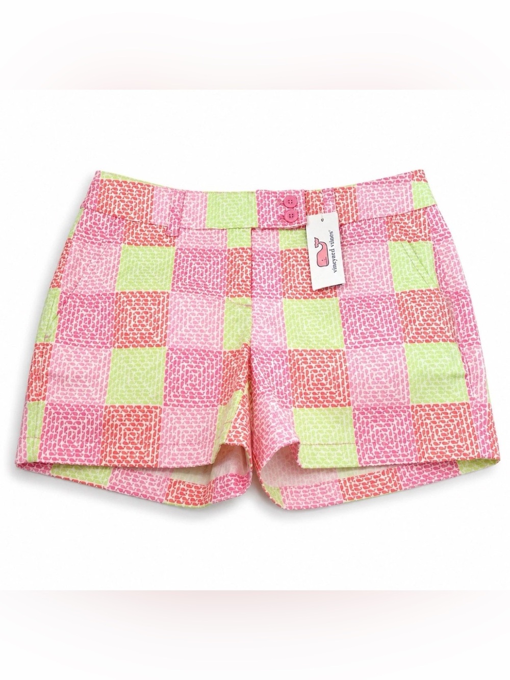 New Vineyard Vines Whale Print Patchwork Chino Shorts Pink Womens Size 2